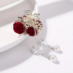 Rose Flocking Hair Claw with Faux Pearl Pendant