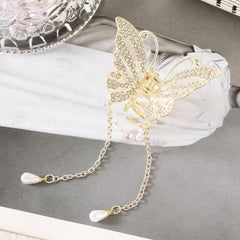 Butterfly Faux Pearl Hair Claw Clip with Tassel Chain Rhinestone Hair Accessory
