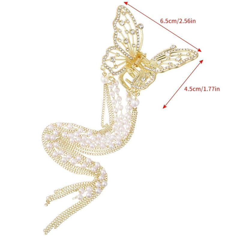 Butterfly Faux Pearl Hair Claw Clip with Tassel Chain Rhinestone Hair Accessory