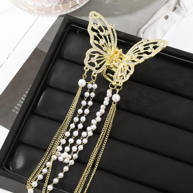 Butterfly Faux Pearl Hair Claw Clip with Tassel Chain Rhinestone Hair Accessory