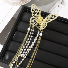 Butterfly Faux Pearl Hair Claw Clip with Tassel Chain Rhinestone Hair Accessory