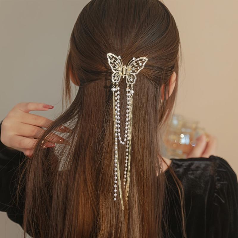 Butterfly Faux Pearl Hair Claw Clip with Tassel Chain Rhinestone Hair Accessory