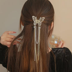 Butterfly Faux Pearl Hair Claw Clip with Tassel Chain Rhinestone Hair Accessory