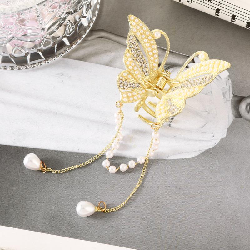 Butterfly Faux Pearl Hair Claw Clip with Tassel Chain Rhinestone Hair Accessory