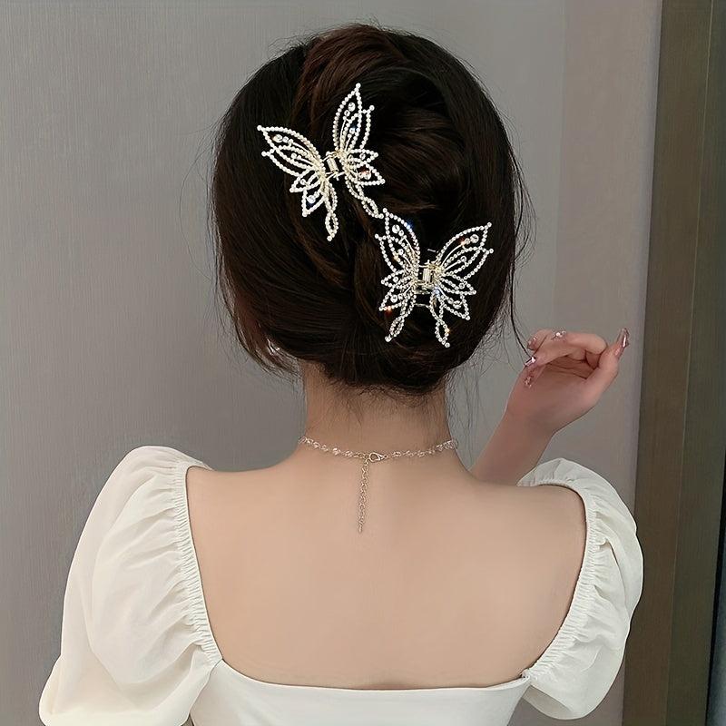 Medium Hair Claw Clip Butterfly Style Non Slip Rhinestone Pearl Decor Barrettes
