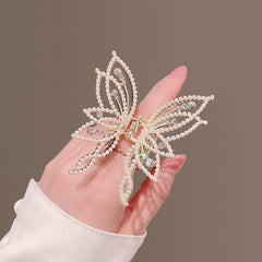 Medium Hair Claw Clip Butterfly Style Non Slip Rhinestone Pearl Decor Barrettes