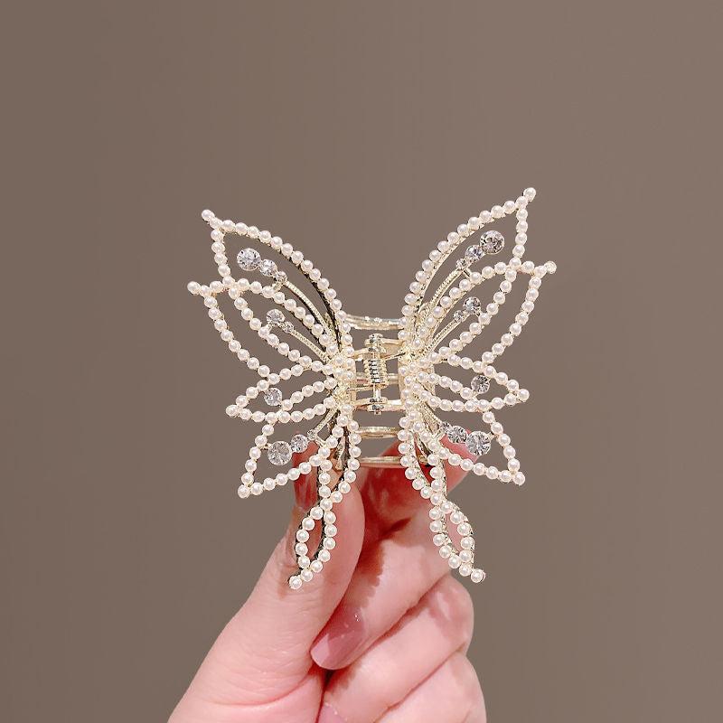 Medium Hair Claw Clip Butterfly Style Non Slip Rhinestone Pearl Decor Barrettes