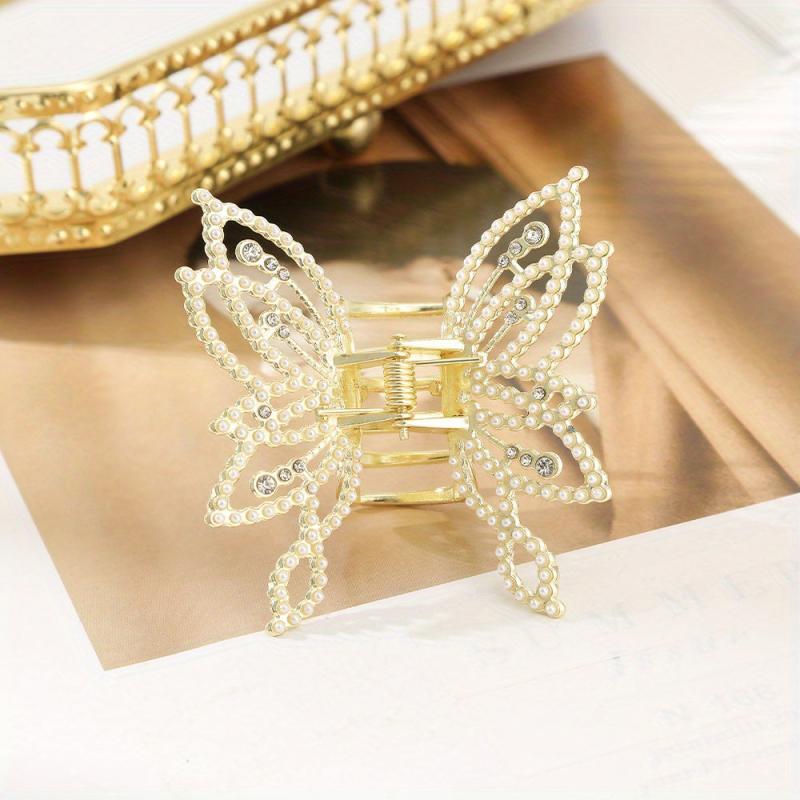 Medium Hair Claw Clip Butterfly Style Non Slip Rhinestone Pearl Decor Barrettes