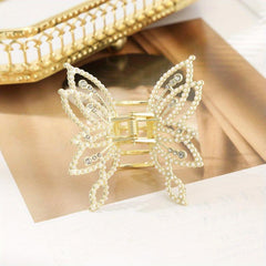 Medium Hair Claw Clip Butterfly Style Non Slip Rhinestone Pearl Decor Barrettes