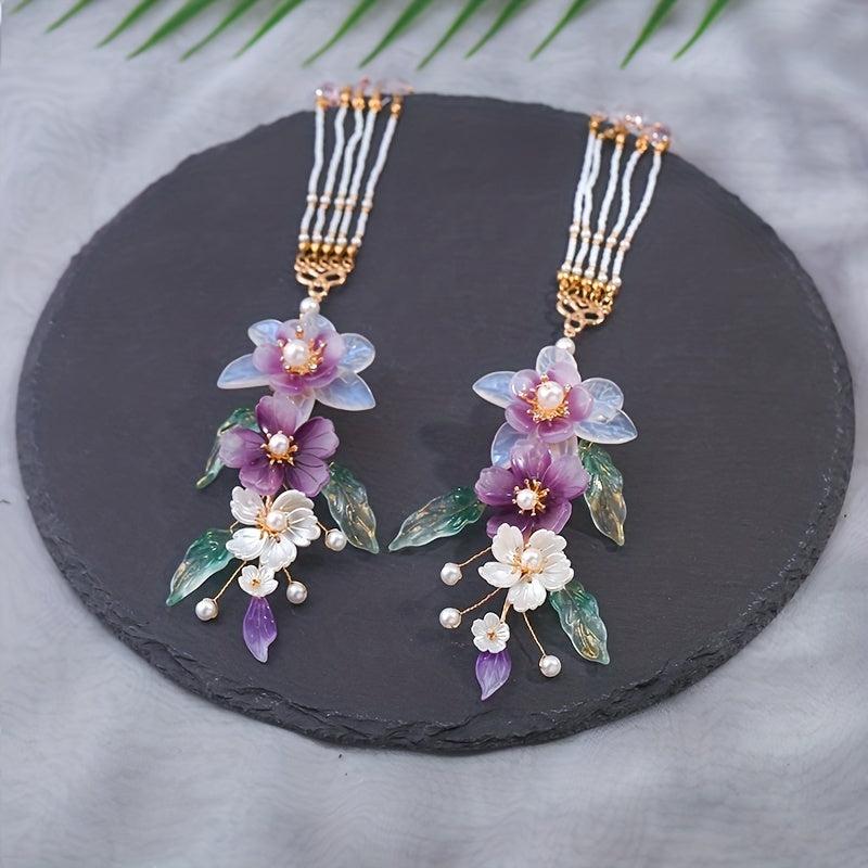 Chinese Style Flower Hair Clip with Beads Pendant