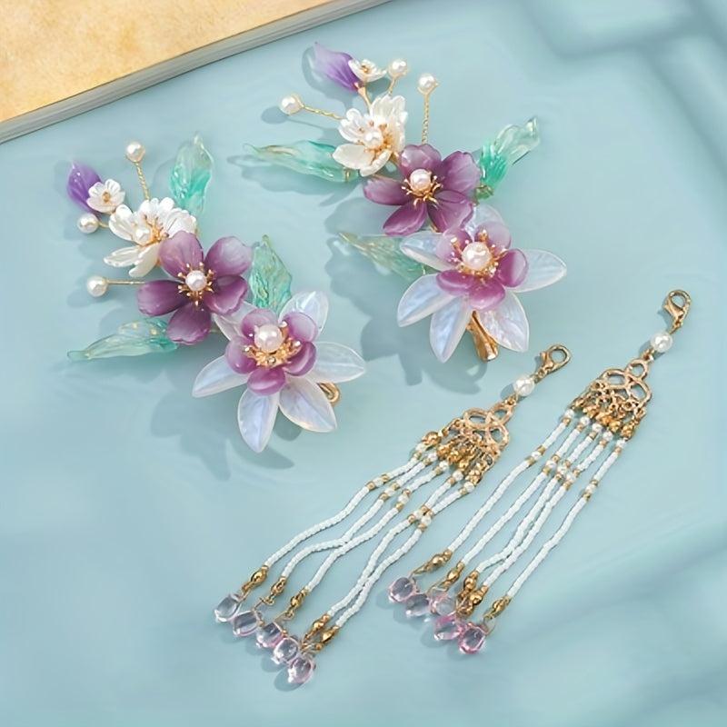 Chinese Style Flower Hair Clip with Beads Pendant