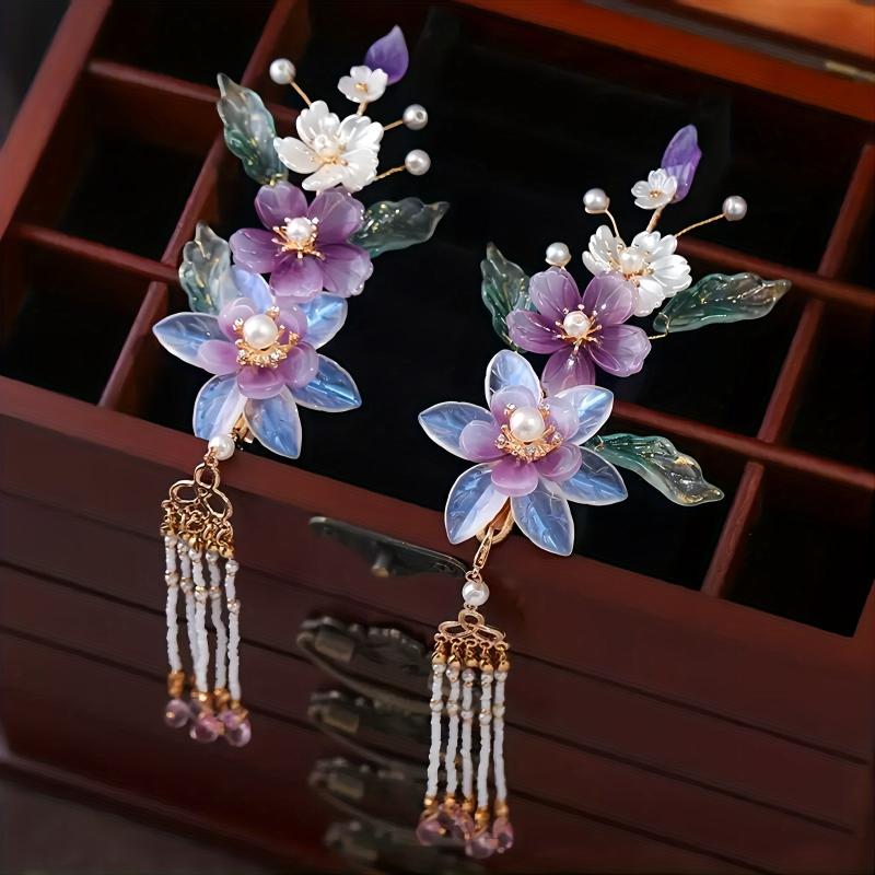 Chinese Style Flower Hair Clip with Beads Pendant