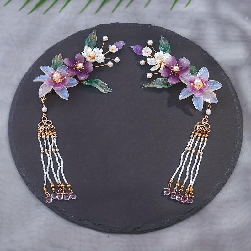 Chinese Style Flower Hair Clip with Beads Pendant