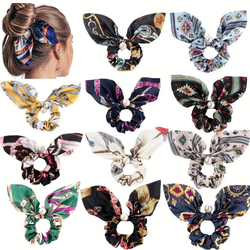Faux Pearl Bow Satin Scrunchies Boho Style Hair Tie