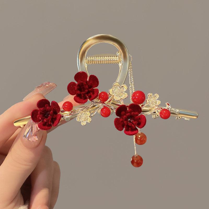 Red Plum Blossom Hair Claw Chinese Style Flower Claw Clip