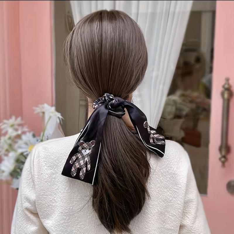Streamer Bow Knot Bear Pattern Hair Tie Large Scrunchie