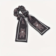 Streamer Bow Knot Bear Pattern Hair Tie Large Scrunchie
