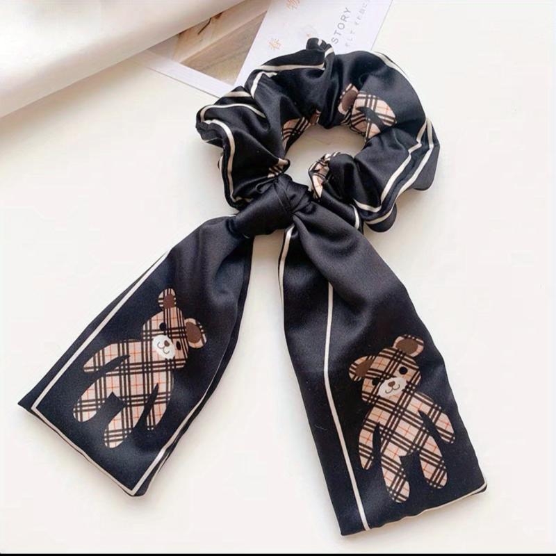Streamer Bow Knot Bear Pattern Hair Tie Large Scrunchie
