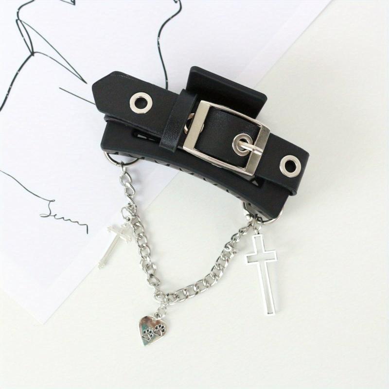 Gothic PU Leather Cross Chain Hair Claw Clip Y2K Punk Hair Accessory