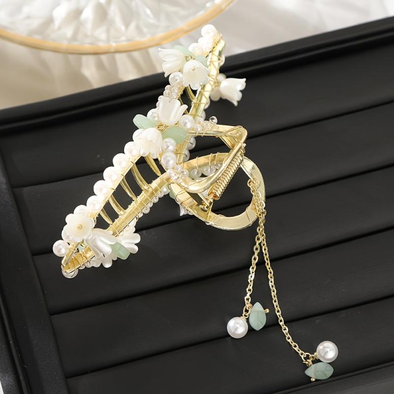 Faux Pearl Lily Flower Tassel Hair Claw Clip Chinese Vintage Accessory