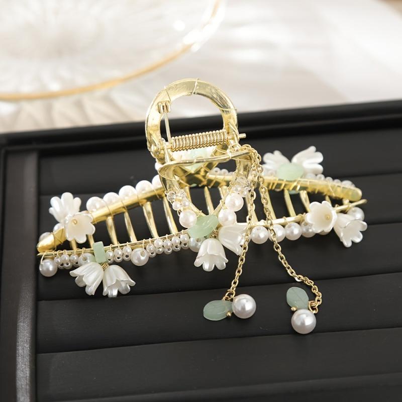 Faux Pearl Lily Flower Tassel Hair Claw Clip Chinese Vintage Accessory