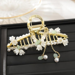 Faux Pearl Lily Flower Tassel Hair Claw Clip Chinese Vintage Accessory