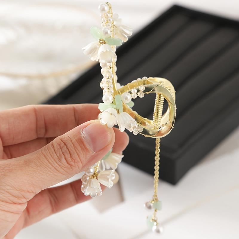 Faux Pearl Lily Flower Tassel Hair Claw Clip Chinese Vintage Accessory