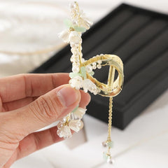 Faux Pearl Lily Flower Tassel Hair Claw Clip Chinese Vintage Accessory