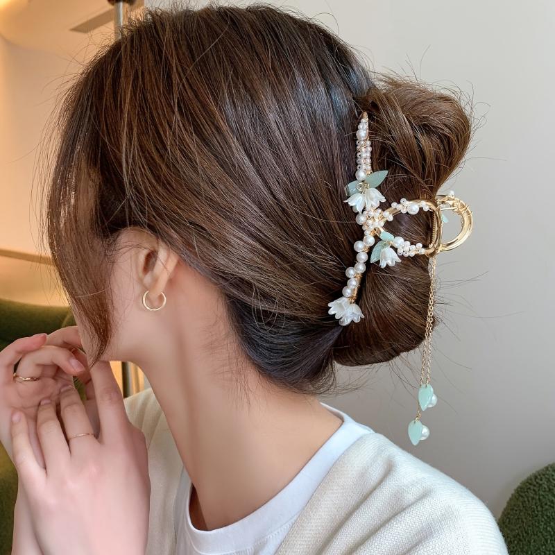 Faux Pearl Lily Flower Tassel Hair Claw Clip Chinese Vintage Accessory