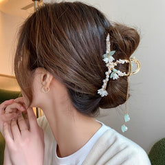 Faux Pearl Lily Flower Tassel Hair Claw Clip Chinese Vintage Accessory