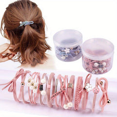 12pcs Girl Faux Pearl Hair Tie Pink Elastic Hair Accessories For Girls
