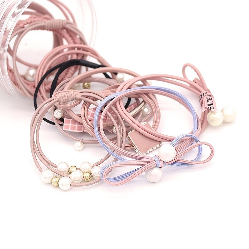 12pcs Girl Faux Pearl Hair Tie Pink Elastic Hair Accessories For Girls