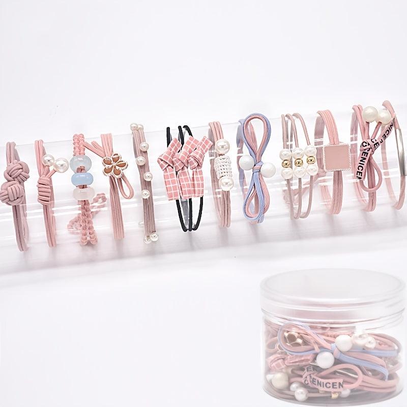 12pcs Girl Faux Pearl Hair Tie Pink Elastic Hair Accessories For Girls
