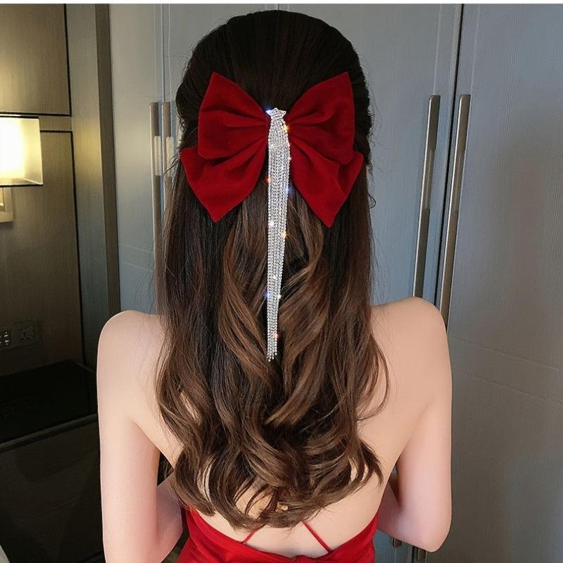 Rhinestone Tassel Bow Hairpin Sparkling Hair Accessories