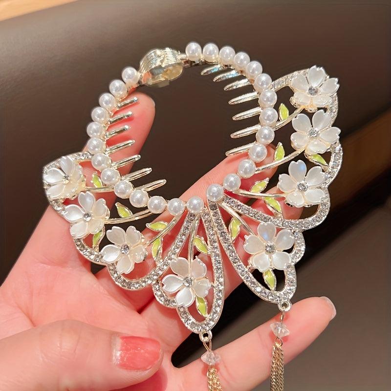 Glitter Chain Tassel Hair Claw Clip Butterfly Shape Faux Pearl Flower Hair Clip