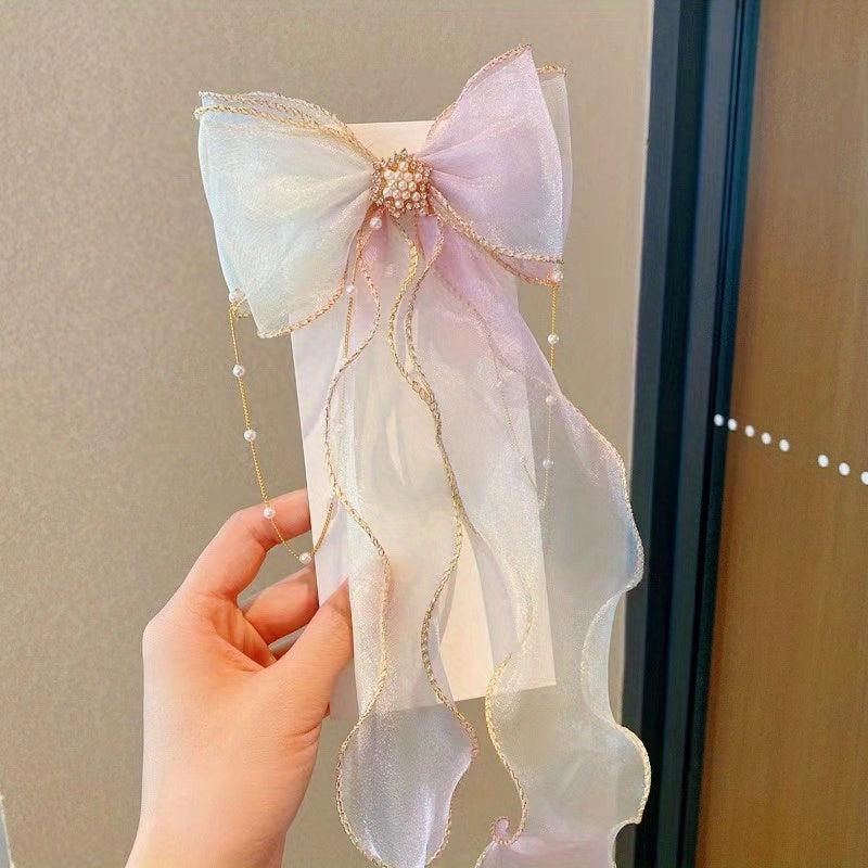 Colorful Bow Ribbon Faux Pearl Chain Hair Clip Princess Lace Barrettes