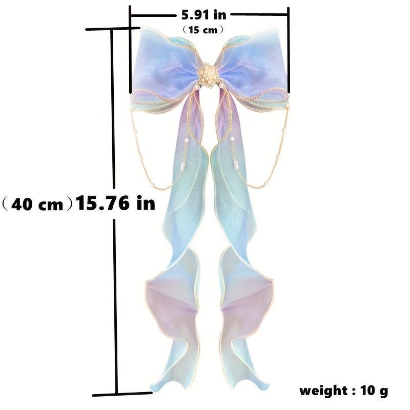 Colorful Bow Ribbon Faux Pearl Chain Hair Clip Princess Lace Barrettes