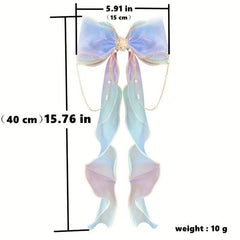 Colorful Bow Ribbon Faux Pearl Chain Hair Clip Princess Lace Barrettes