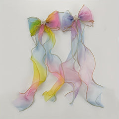 Colorful Bow Ribbon Faux Pearl Chain Hair Clip Princess Lace Barrettes