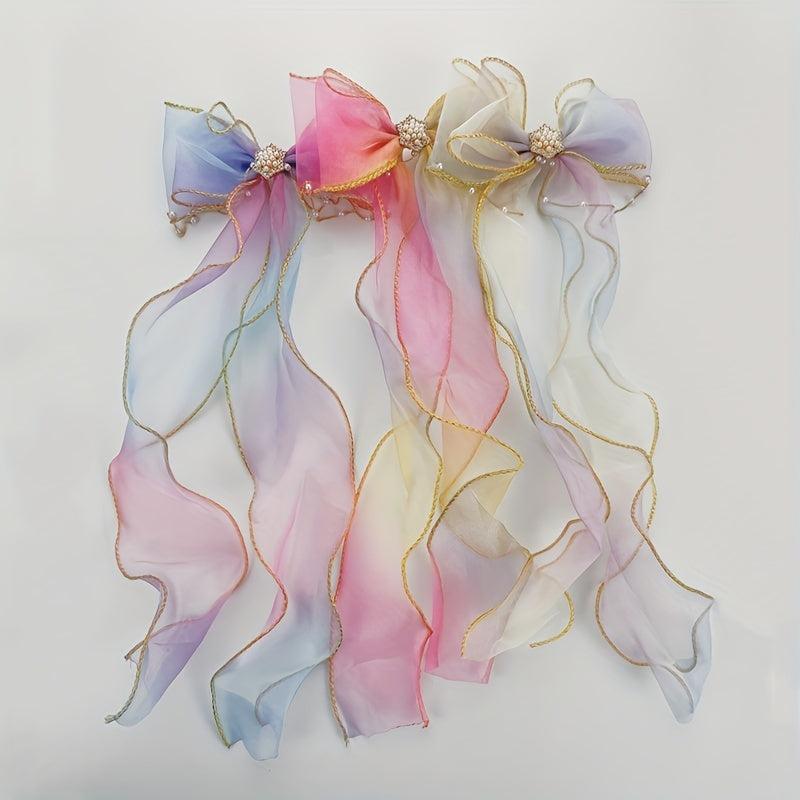 Colorful Bow Ribbon Faux Pearl Chain Hair Clip Princess Lace Barrettes