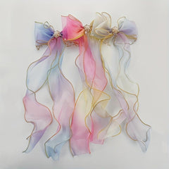 Colorful Bow Ribbon Faux Pearl Chain Hair Clip Princess Lace Barrettes