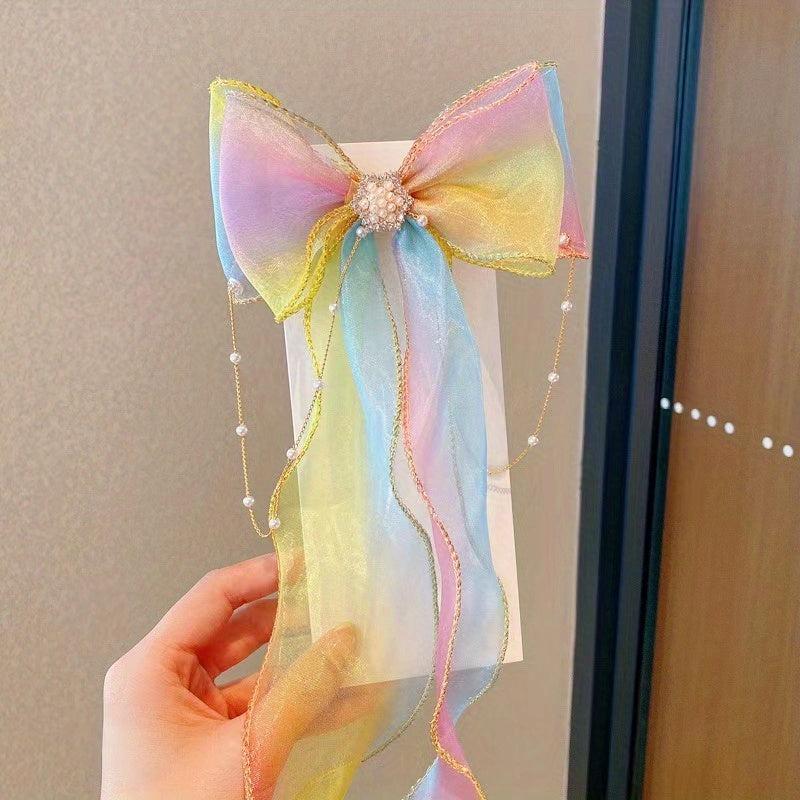 Colorful Bow Ribbon Faux Pearl Chain Hair Clip Princess Lace Barrettes