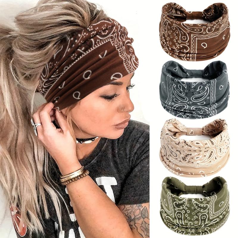 Boho Headband Stretchy Wide Hair Band Turban Paisley Pattern Knot