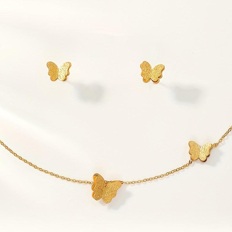 3pcs Golden Butterfly Necklace And Earrings Set Retro Jewelry For Women