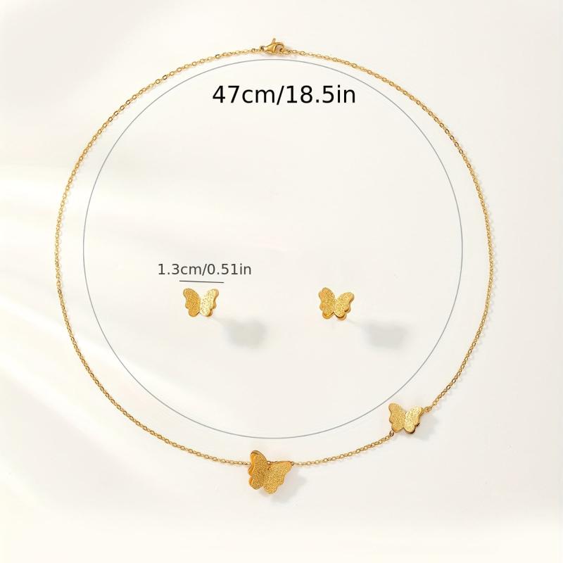 3pcs Golden Butterfly Necklace And Earrings Set Retro Jewelry For Women