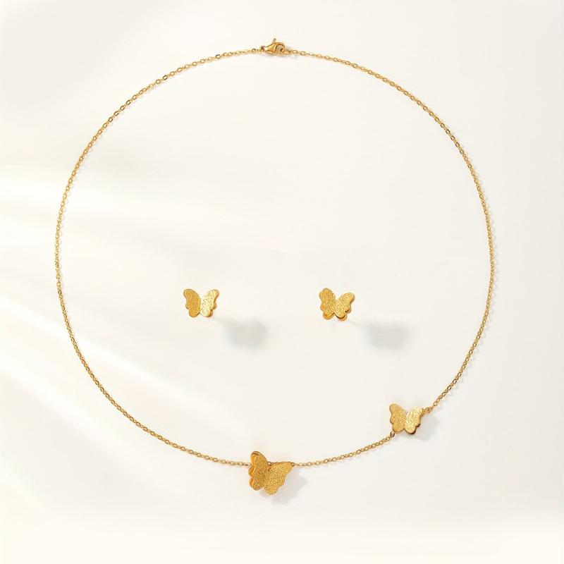 3pcs Golden Butterfly Necklace And Earrings Set Retro Jewelry For Women