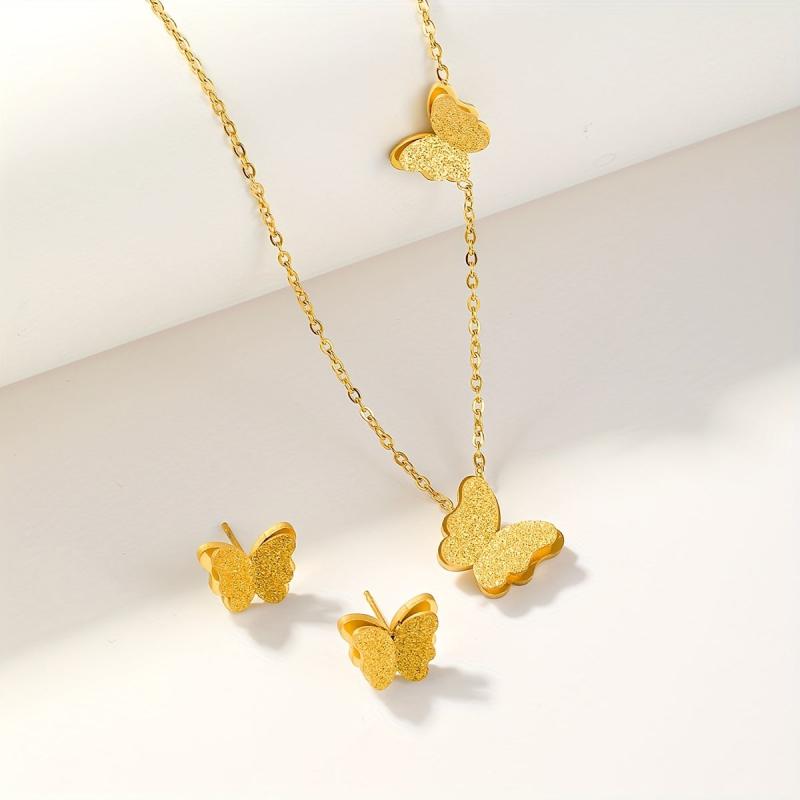 3pcs Golden Butterfly Necklace And Earrings Set Retro Jewelry For Women