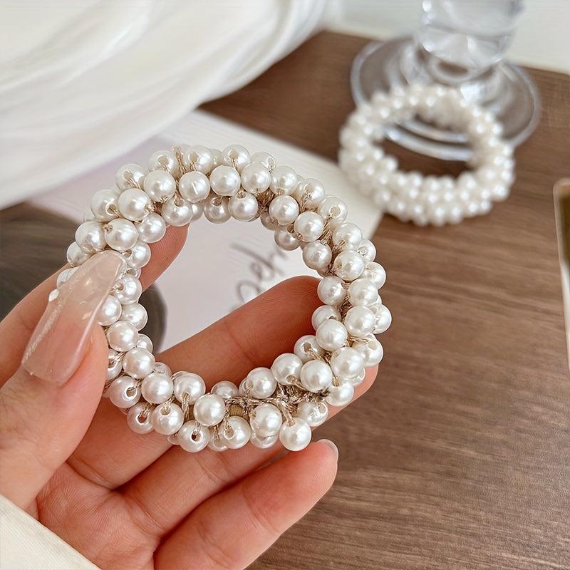 3pcs Faux Pearl Scrunchies Hair Tie Elastic Ponytail Holder