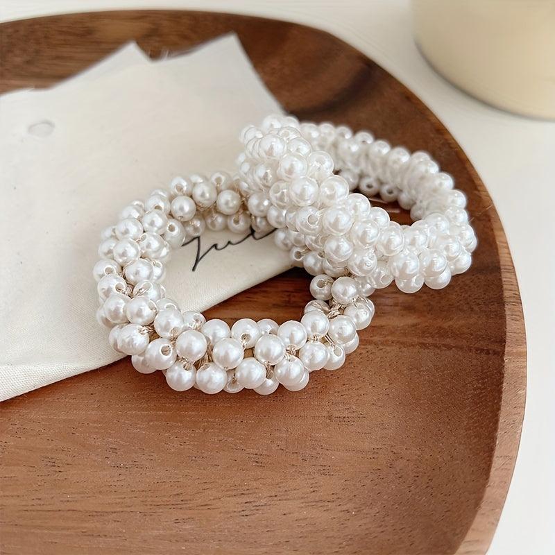 3pcs Faux Pearl Scrunchies Hair Tie Elastic Ponytail Holder
