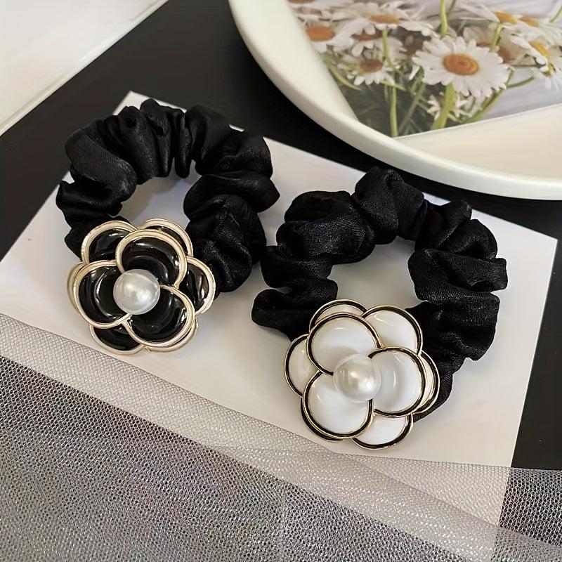 2pcs Camellia Hair Tie Velvet Scrunchies Flower Hair Ring Style Ponytail Holder